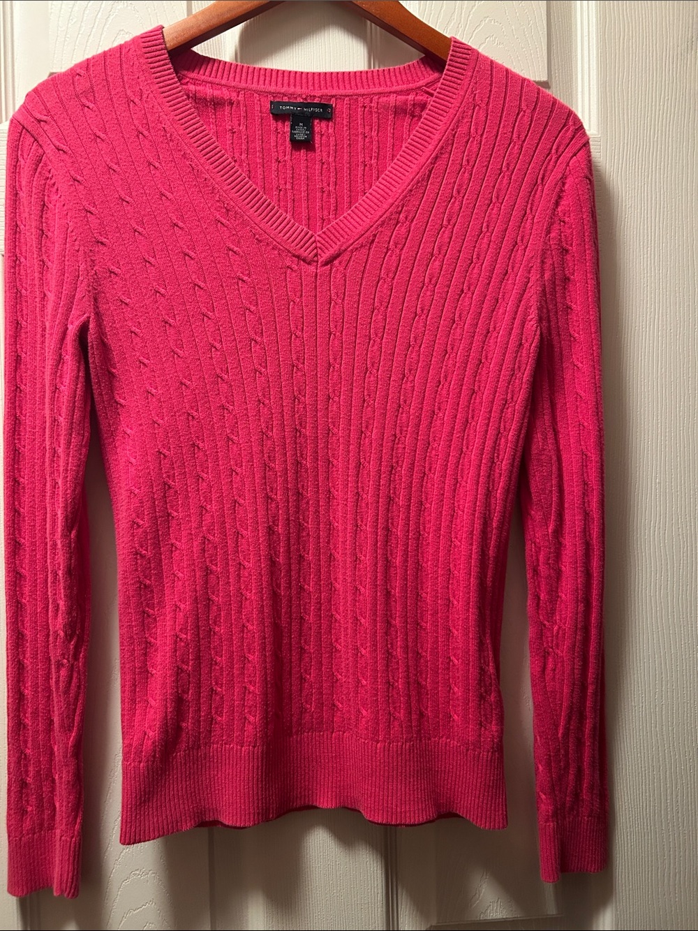 Tommy Hilfiger Bright Pink Cable V-Neck Sweater Medium